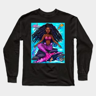 Black mermaid with flowing locks , brown eyes Afro hair and caramel brown skin Long Sleeve T-Shirt